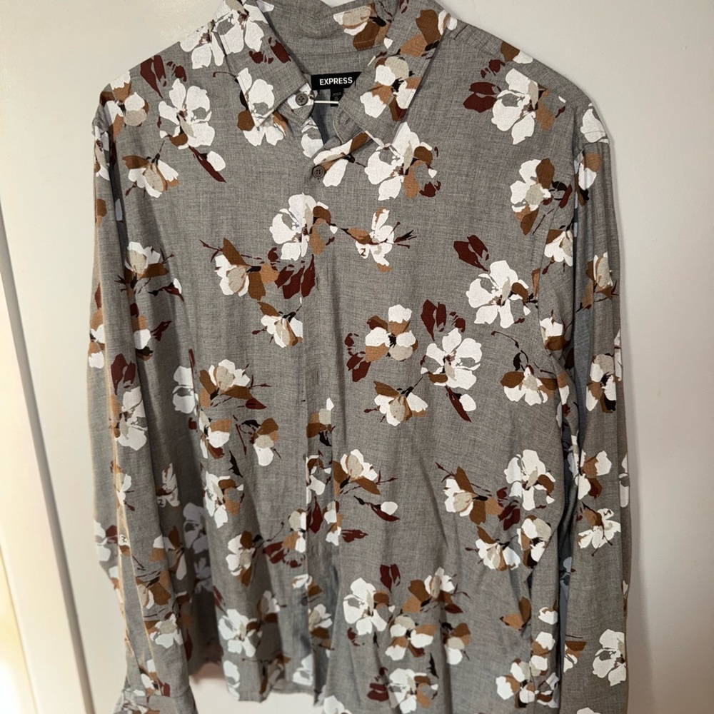 Express Men's Gray and Brown Floral Shirt